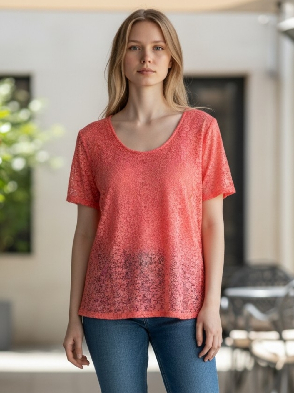 Bright Coral Lace Scoop Neck Short Sleeve Top